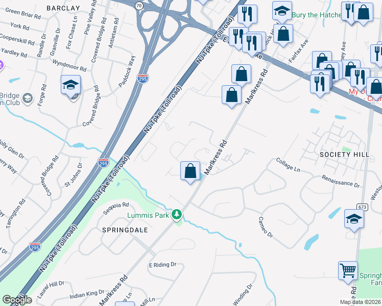 map of restaurants, bars, coffee shops, grocery stores, and more near 365 Tuvira Lane in Cherry Hill