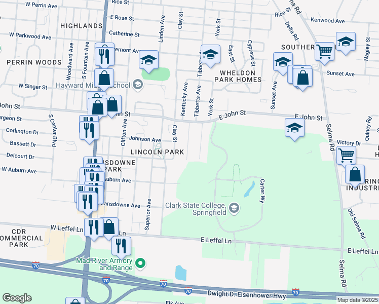 map of restaurants, bars, coffee shops, grocery stores, and more near 1920 Michigan Avenue in Springfield