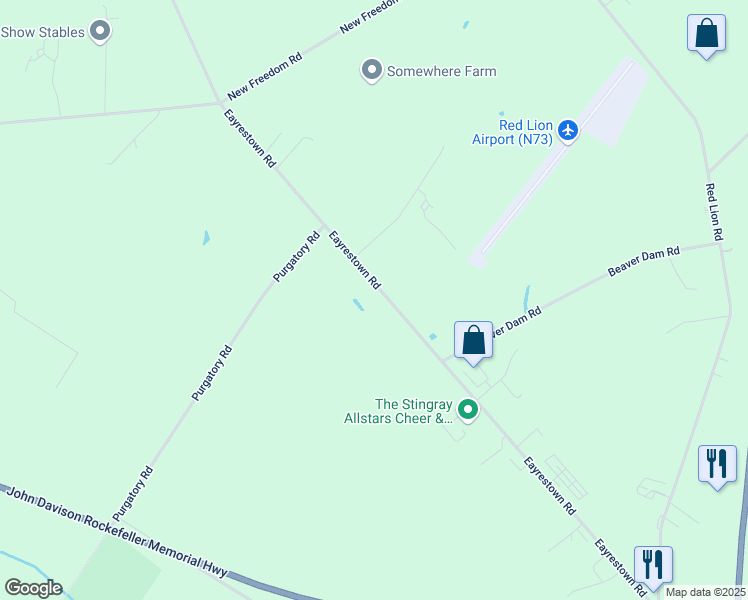 map of restaurants, bars, coffee shops, grocery stores, and more near 157 Eayrestown Road in Southampton Township
