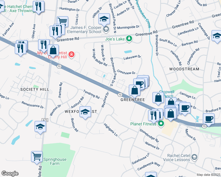 map of restaurants, bars, coffee shops, grocery stores, and more near 150 Greene Lane in Cherry Hill