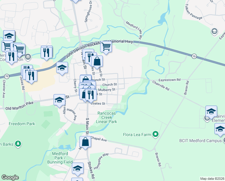 map of restaurants, bars, coffee shops, grocery stores, and more near 43 Mulberry Street in Medford