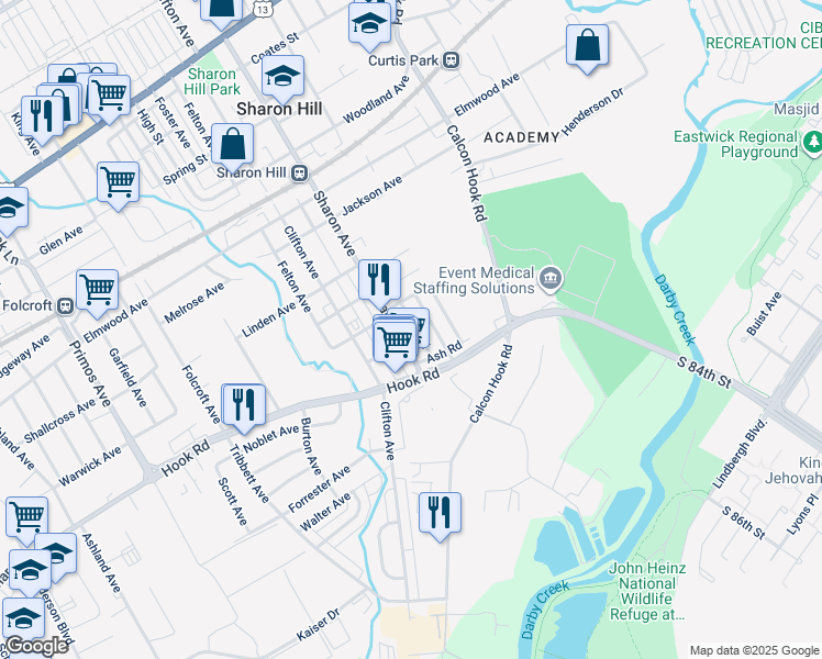 map of restaurants, bars, coffee shops, grocery stores, and more near 930 Pine Road in Sharon Hill