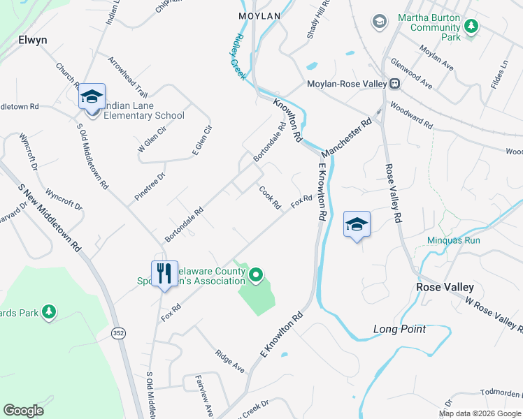 map of restaurants, bars, coffee shops, grocery stores, and more near 18 Cook Road in Media