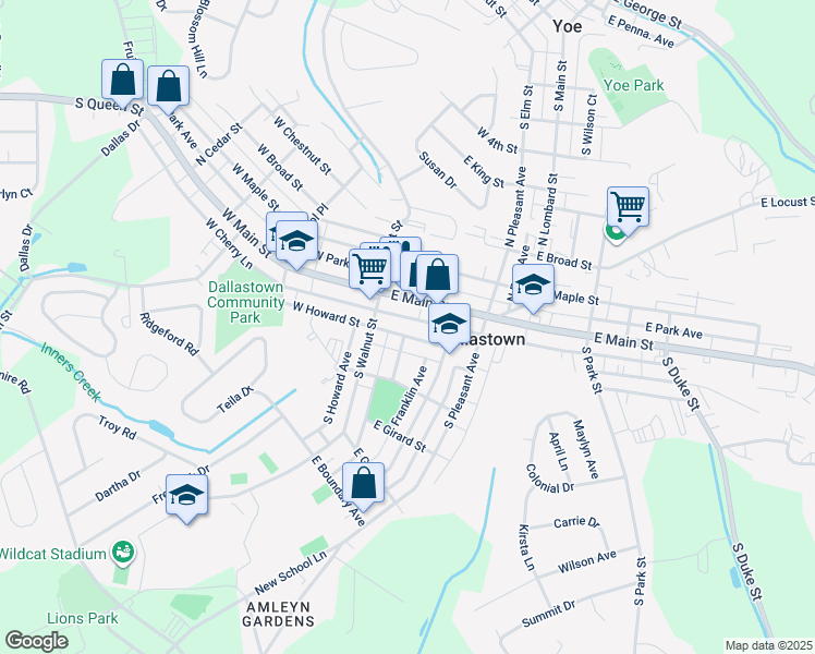 map of restaurants, bars, coffee shops, grocery stores, and more near 68 East Cherry Lane in Dallastown