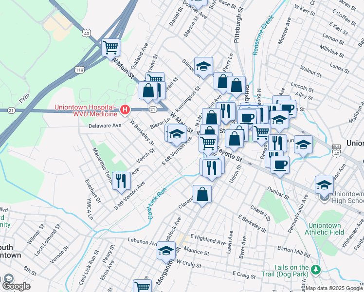 map of restaurants, bars, coffee shops, grocery stores, and more near 30 South Mount Vernon Avenue in Uniontown