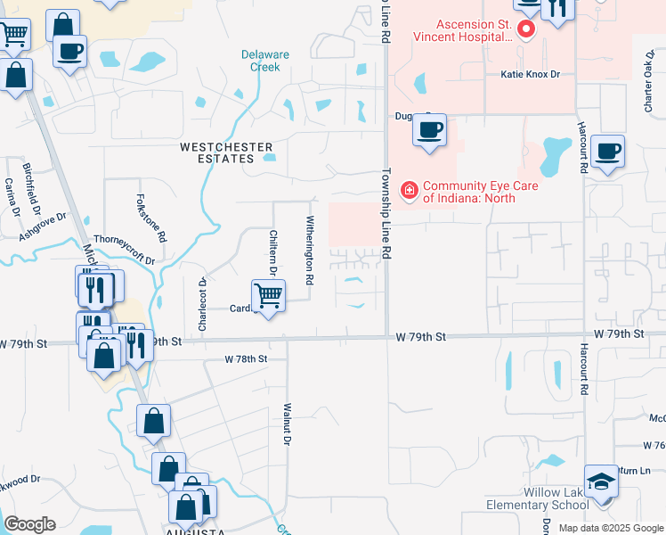 map of restaurants, bars, coffee shops, grocery stores, and more near 2533 Hideaway South Drive in Indianapolis
