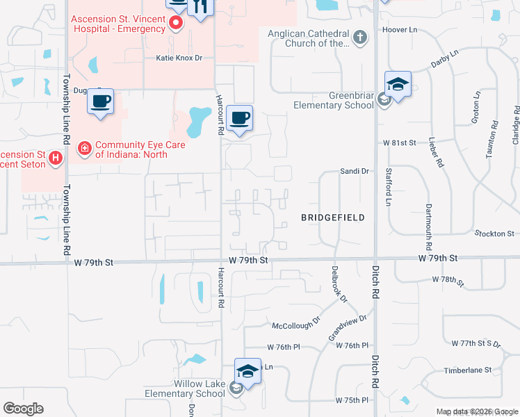 map of restaurants, bars, coffee shops, grocery stores, and more near 7999 Silverleaf Drive in Indianapolis