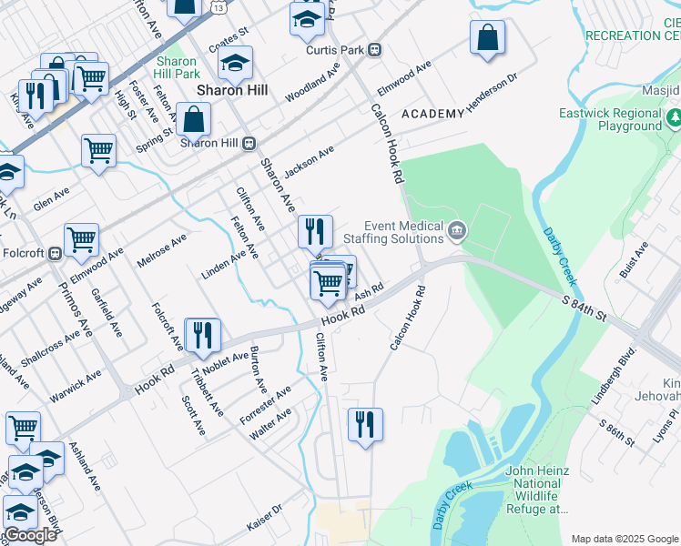 map of restaurants, bars, coffee shops, grocery stores, and more near 930 Pine Road in Sharon Hill
