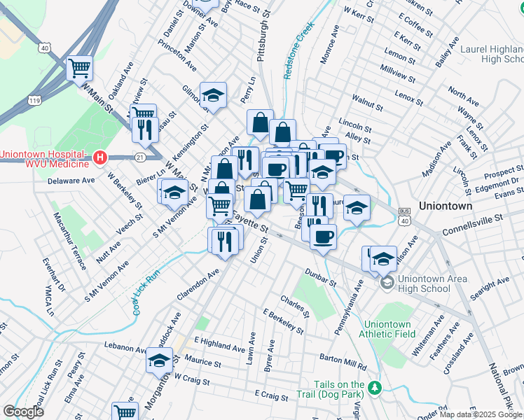 map of restaurants, bars, coffee shops, grocery stores, and more near 41 Morgantown Street in Uniontown