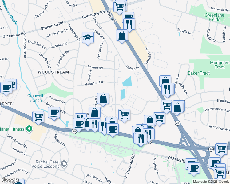 map of restaurants, bars, coffee shops, grocery stores, and more near 1400 Brook View Circle in Evesham Township