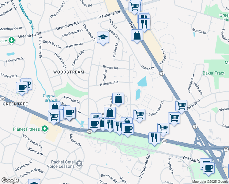 map of restaurants, bars, coffee shops, grocery stores, and more near 400 Mallard Drive in Evesham