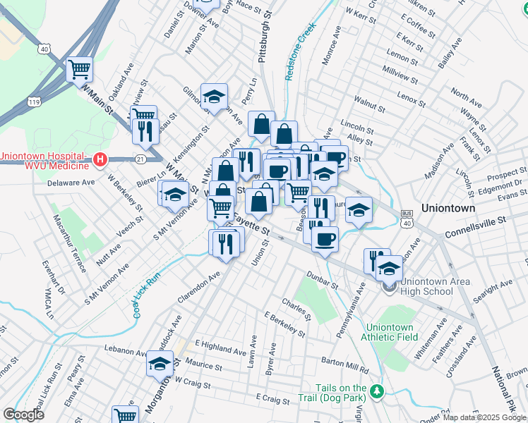 map of restaurants, bars, coffee shops, grocery stores, and more near 56 Morgantown Street in Uniontown