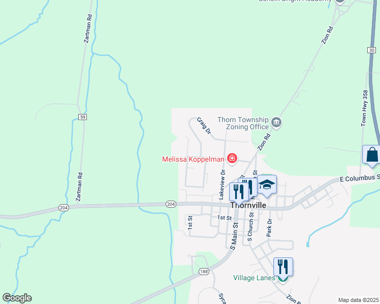 map of restaurants, bars, coffee shops, grocery stores, and more near 98 Foster Drive in Thornville