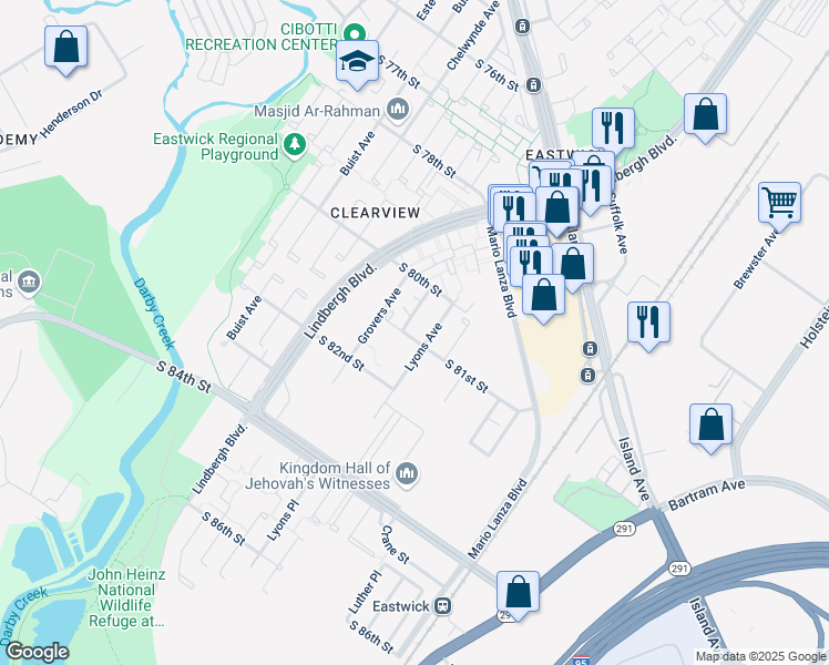 map of restaurants, bars, coffee shops, grocery stores, and more near 2839 South 81st Street in Philadelphia