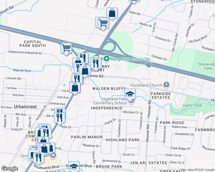 map of restaurants, bars, coffee shops, grocery stores, and more near 2741 Charles Drive in Grove City