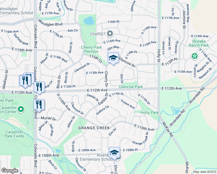 map of restaurants, bars, coffee shops, grocery stores, and more near 11213 Dexter Street in Thornton