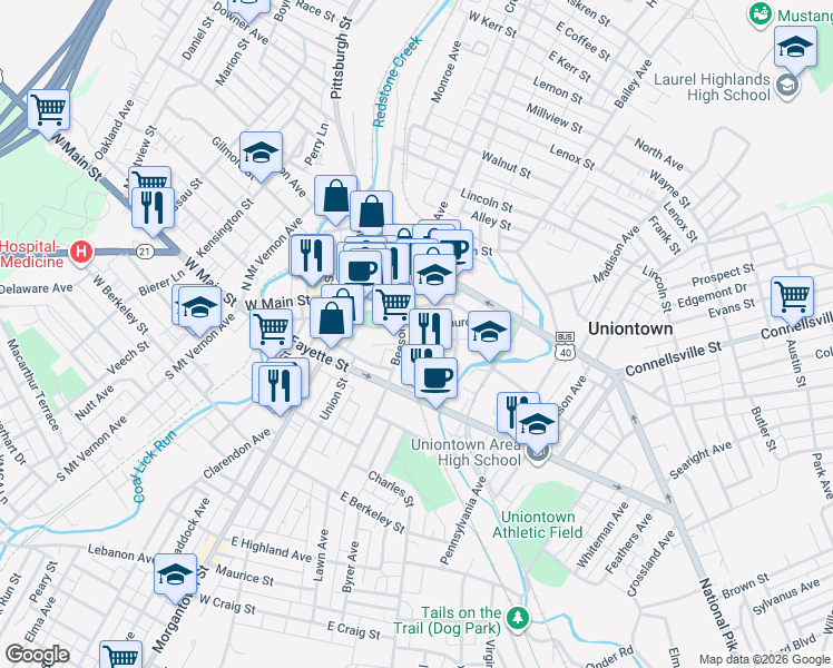 map of restaurants, bars, coffee shops, grocery stores, and more near 8 East Church Street in Uniontown