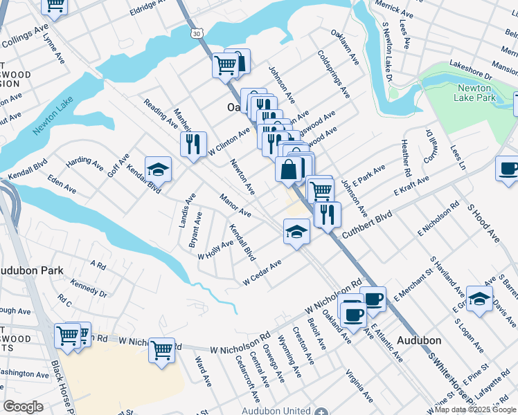 map of restaurants, bars, coffee shops, grocery stores, and more near 800 Newton Ave in Oaklyn