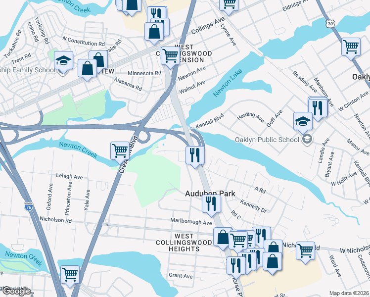 map of restaurants, bars, coffee shops, grocery stores, and more near 2 Grandview Avenue in Mount Ephraim