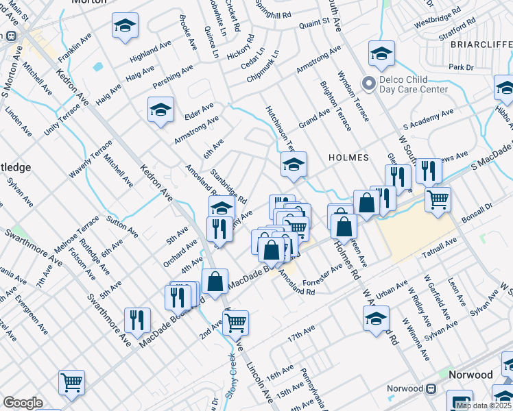 map of restaurants, bars, coffee shops, grocery stores, and more near 2107 Academy Avenue in Morton
