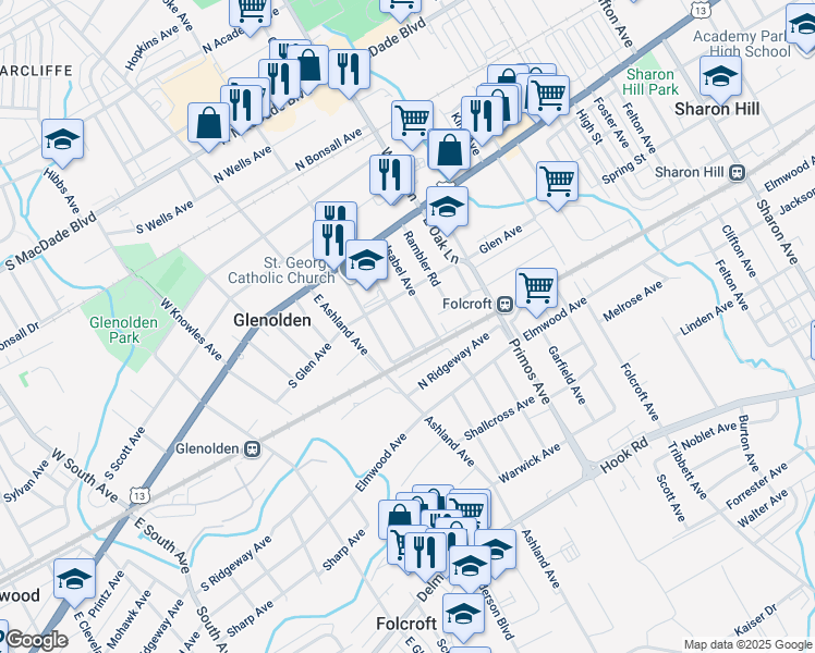 map of restaurants, bars, coffee shops, grocery stores, and more near 127 East Cooke Avenue in Glenolden