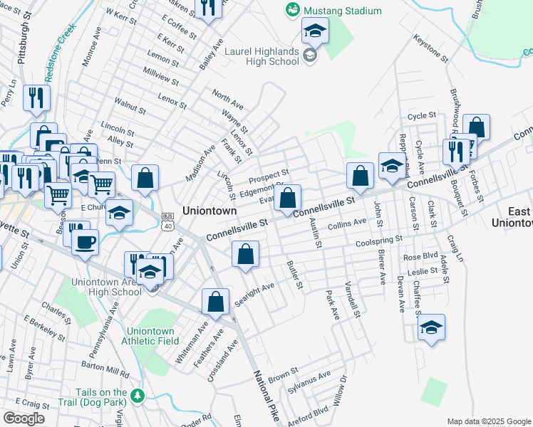 map of restaurants, bars, coffee shops, grocery stores, and more near 115 Connellsville Street in Uniontown