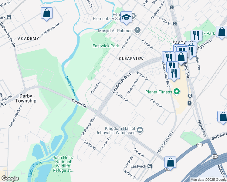 map of restaurants, bars, coffee shops, grocery stores, and more near Lindbergh Blvd & S 82nd St in Philadelphia