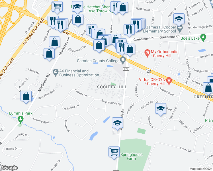 map of restaurants, bars, coffee shops, grocery stores, and more near 707 Society Hill Boulevard in Cherry Hill