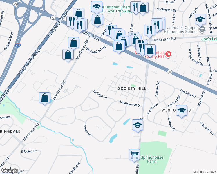 map of restaurants, bars, coffee shops, grocery stores, and more near 613 Society Hill Boulevard in Cherry Hill Township