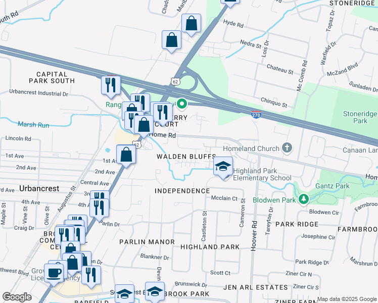 map of restaurants, bars, coffee shops, grocery stores, and more near 2723 Charles Drive in Grove City