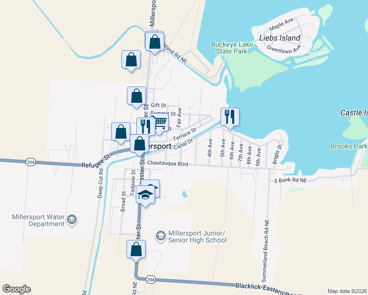 map of restaurants, bars, coffee shops, grocery stores, and more near 2671 Canal Drive in Millersport