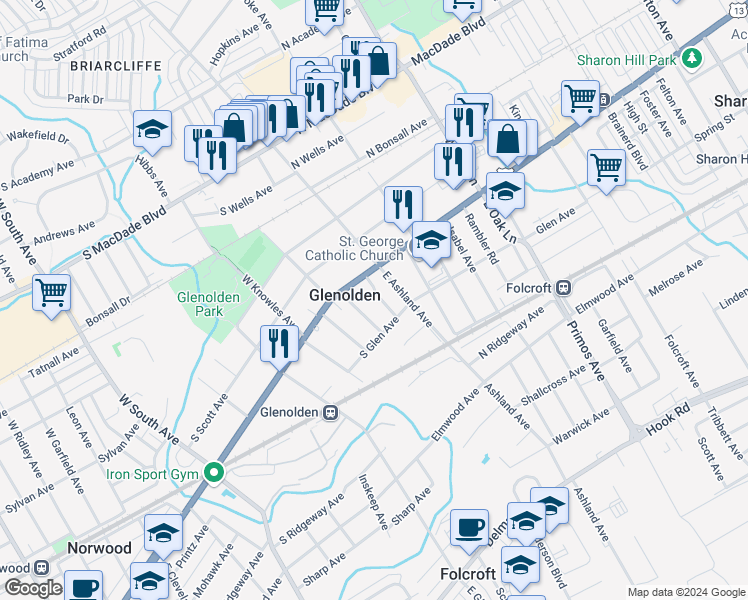 map of restaurants, bars, coffee shops, grocery stores, and more near 4 Stuart Avenue in Glenolden