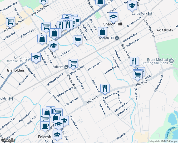 map of restaurants, bars, coffee shops, grocery stores, and more near 1481 Melrose Avenue in Sharon Hill