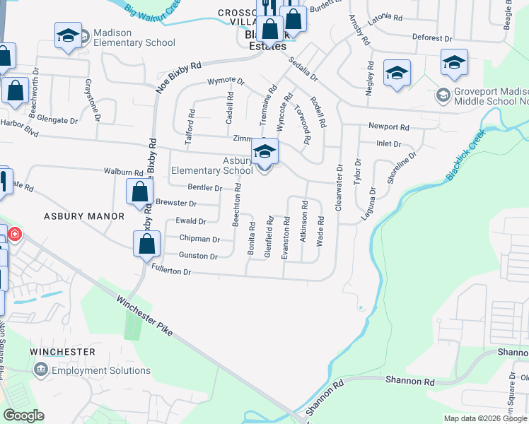 map of restaurants, bars, coffee shops, grocery stores, and more near 3767 Glenfield Road in Columbus