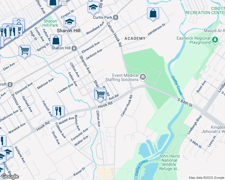 map of restaurants, bars, coffee shops, grocery stores, and more near 1009 Burnside Road in Sharon Hill