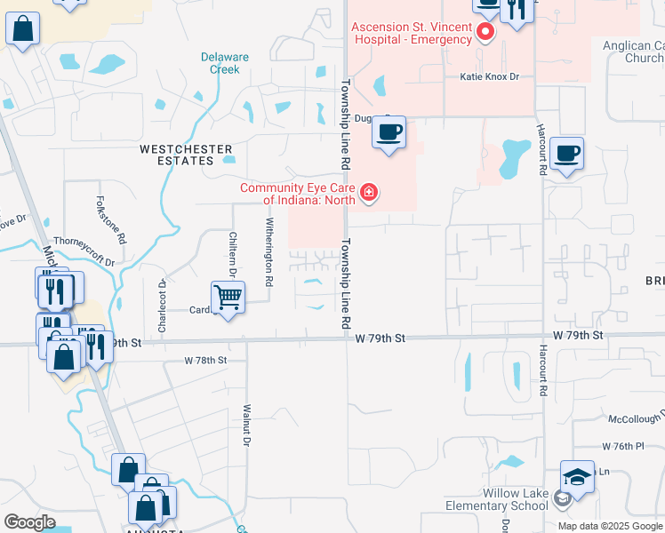 map of restaurants, bars, coffee shops, grocery stores, and more near 2433 Hideaway South Drive in Indianapolis