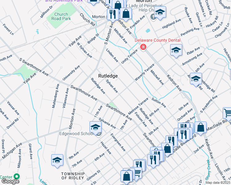map of restaurants, bars, coffee shops, grocery stores, and more near 133 Sylvan Avenue in Rutledge