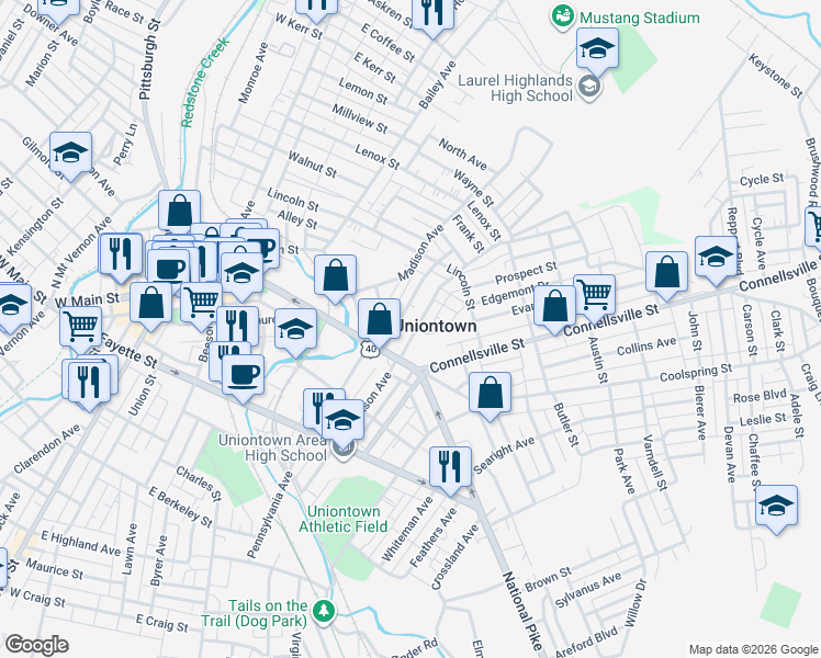 map of restaurants, bars, coffee shops, grocery stores, and more near 29 Cleveland Ave in Uniontown