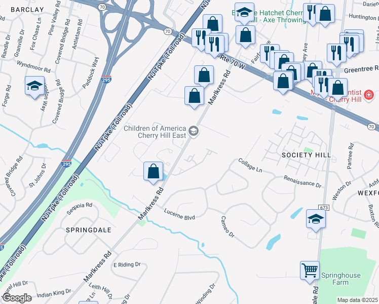 map of restaurants, bars, coffee shops, grocery stores, and more near 73 Versailles Boulevard in Cherry Hill