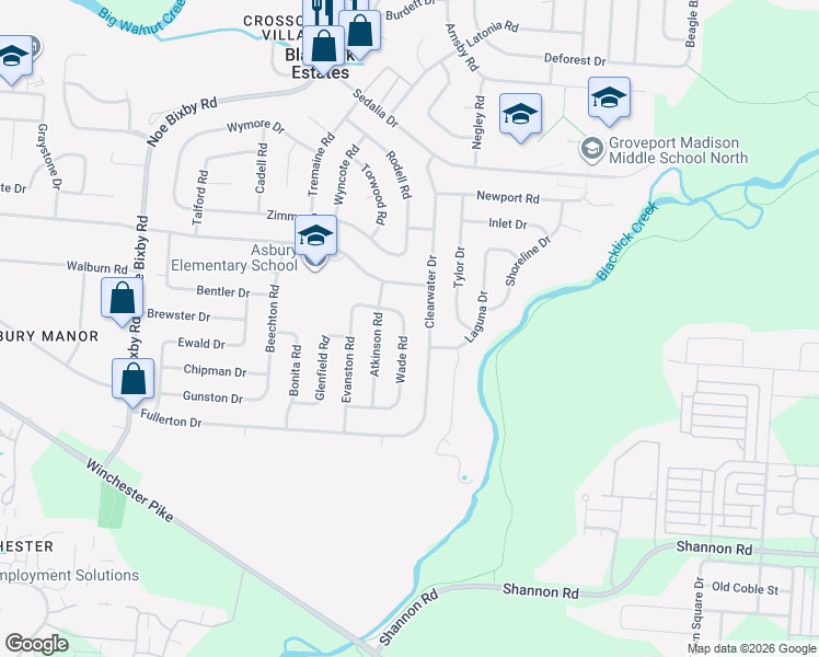 map of restaurants, bars, coffee shops, grocery stores, and more near 3800 Wade Road in Columbus