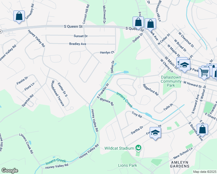 map of restaurants, bars, coffee shops, grocery stores, and more near 231 South Franklin Street in Dallastown