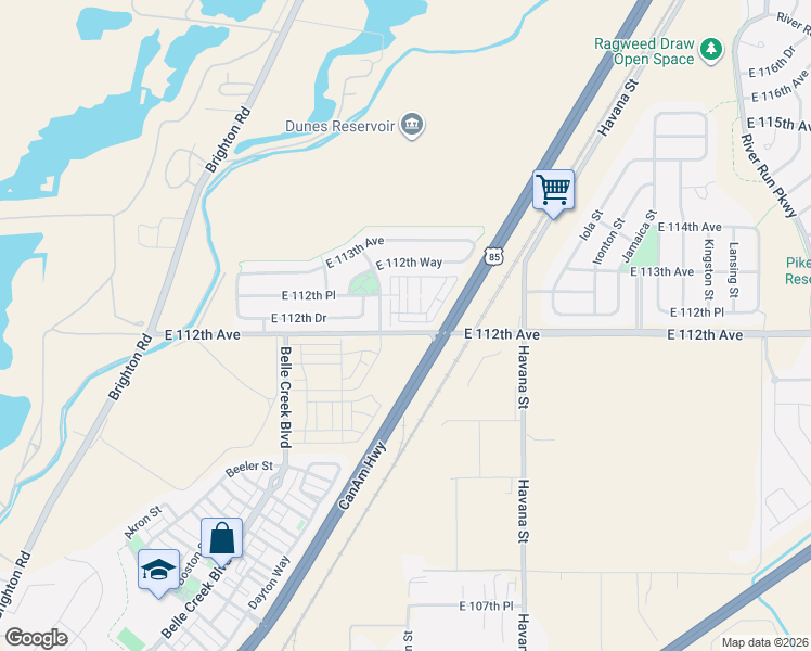 map of restaurants, bars, coffee shops, grocery stores, and more near 9940 East 112th Avenue in Henderson