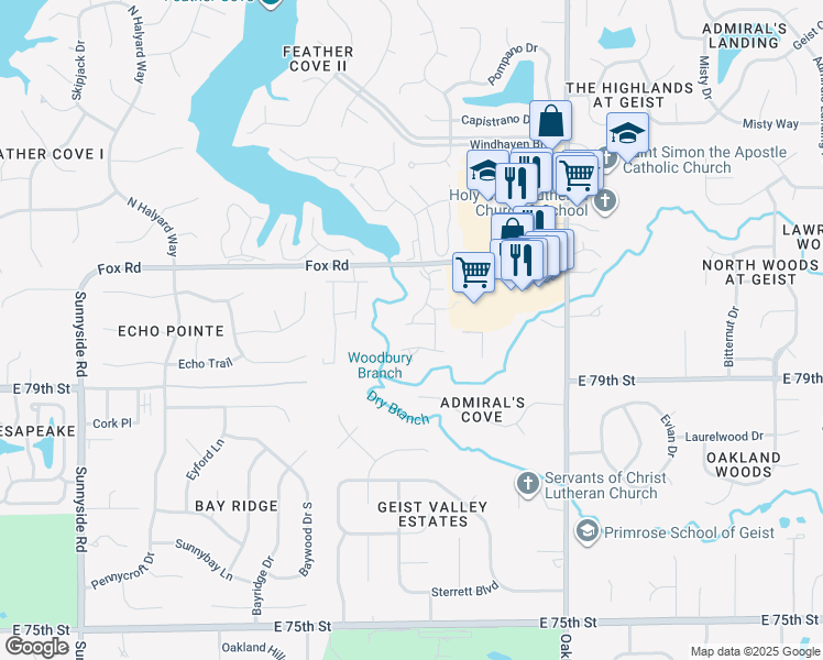 map of restaurants, bars, coffee shops, grocery stores, and more near 7951 Sunset Cove Drive in Indianapolis