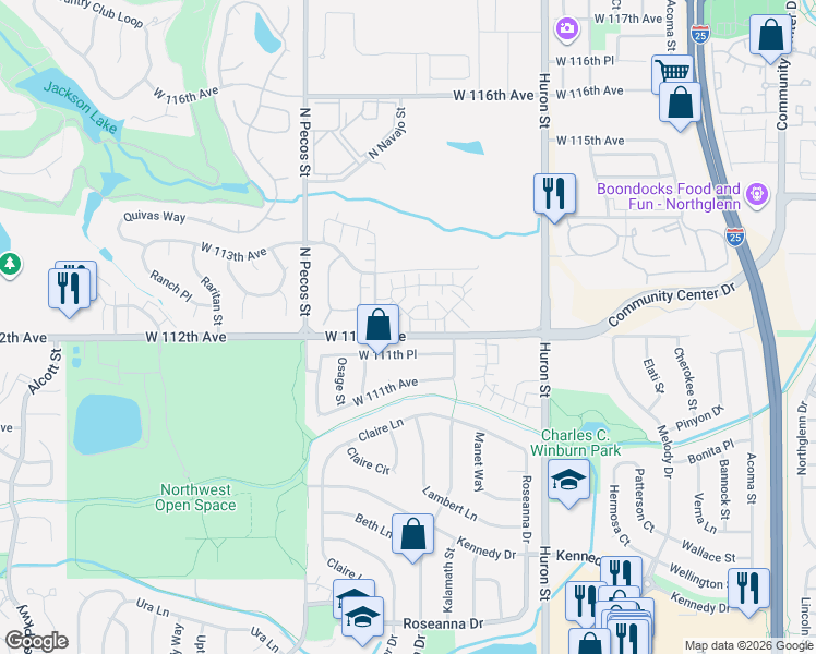 map of restaurants, bars, coffee shops, grocery stores, and more near 1201 West 112th Avenue in Westminster
