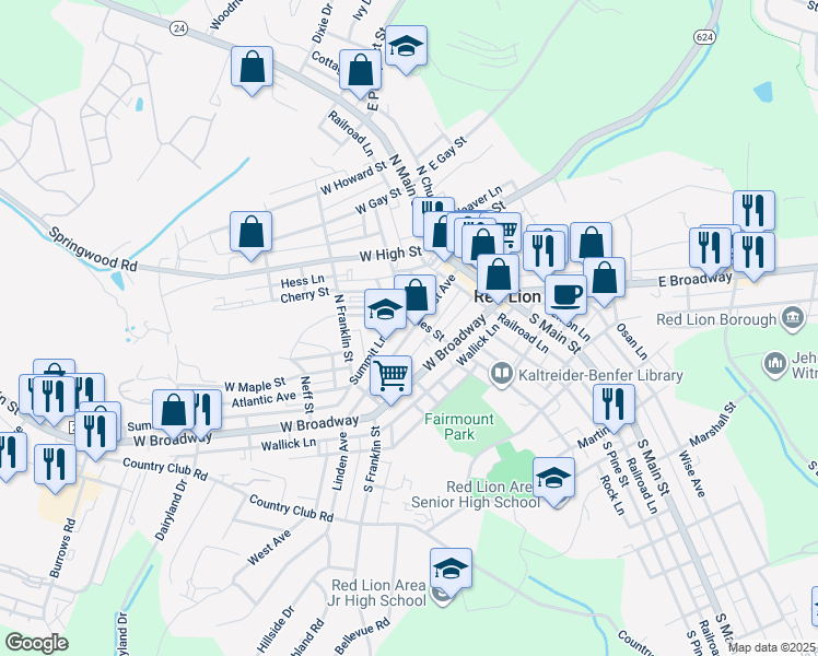 map of restaurants, bars, coffee shops, grocery stores, and more near in Red Lion