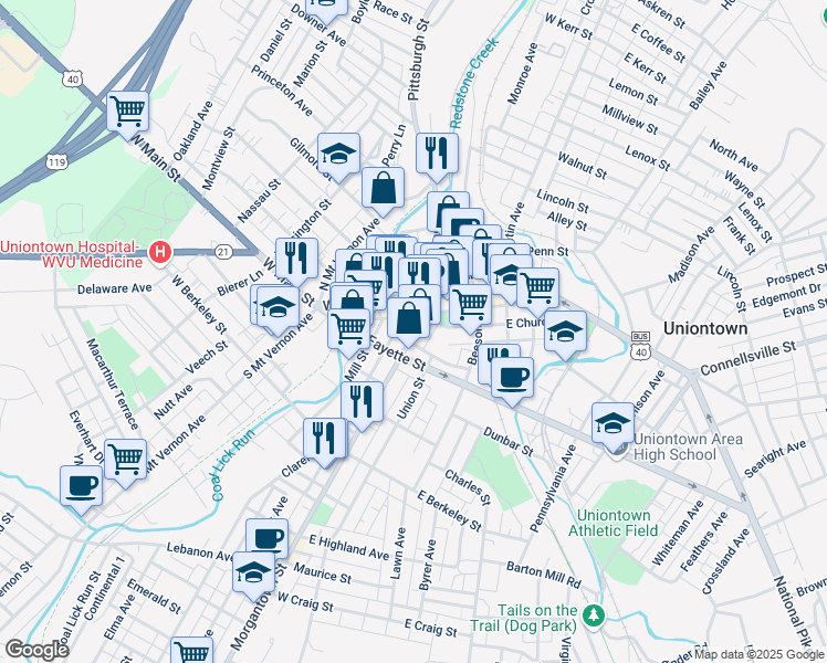map of restaurants, bars, coffee shops, grocery stores, and more near 56 Morgantown Street in Uniontown