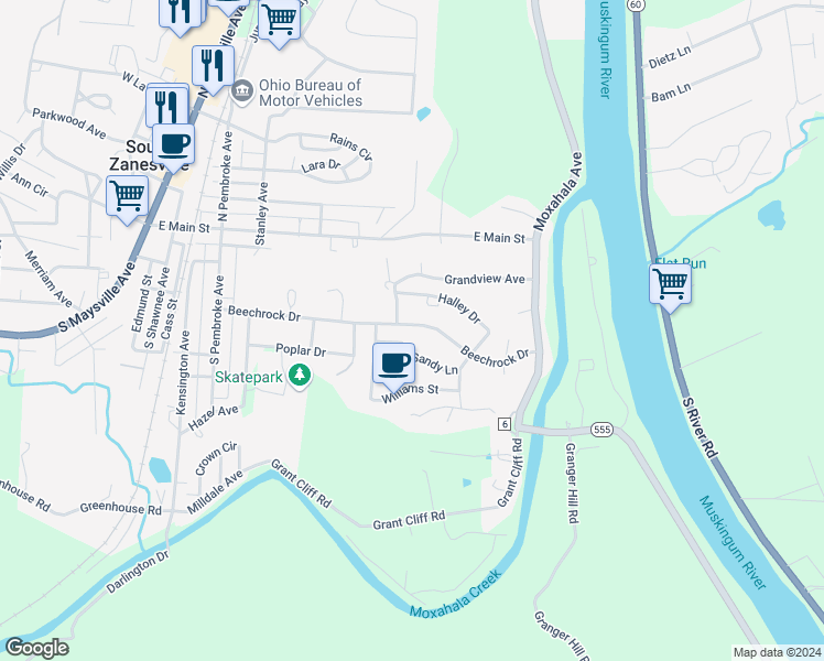 map of restaurants, bars, coffee shops, grocery stores, and more near in Zanesville