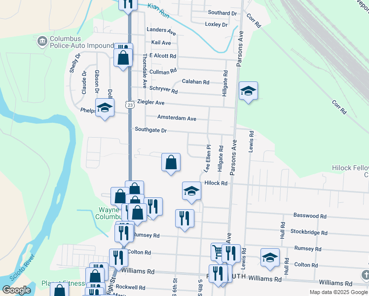 map of restaurants, bars, coffee shops, grocery stores, and more near 3033 Markham Road in Columbus