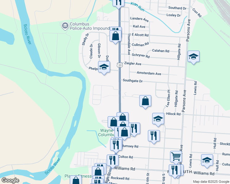 map of restaurants, bars, coffee shops, grocery stores, and more near 2997 South High Street in Columbus