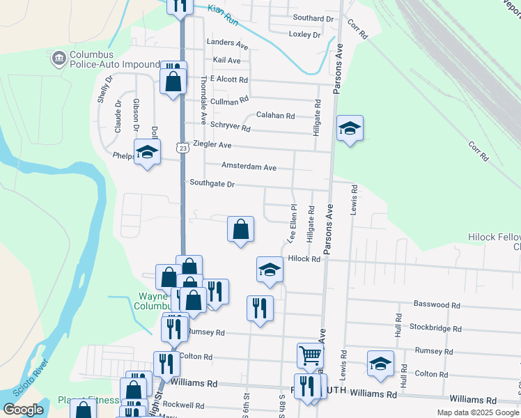 map of restaurants, bars, coffee shops, grocery stores, and more near 3033 Markham Road in Columbus